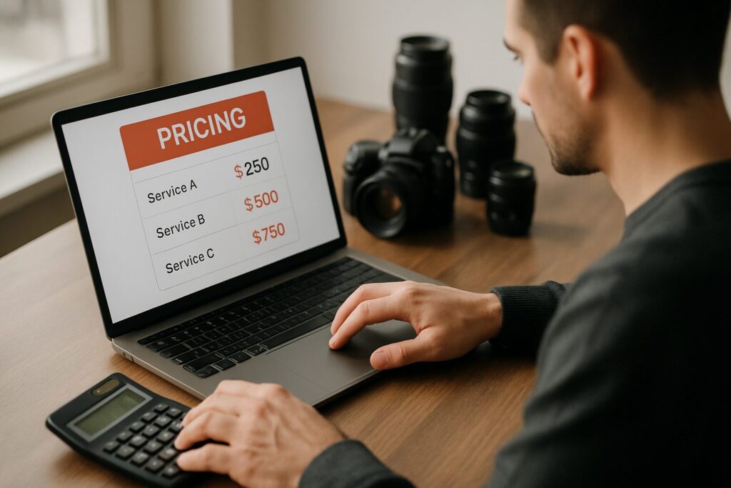 Photographer researching prices with laptop and calculator cameras in the background. Photographer Pricing Calculator. 